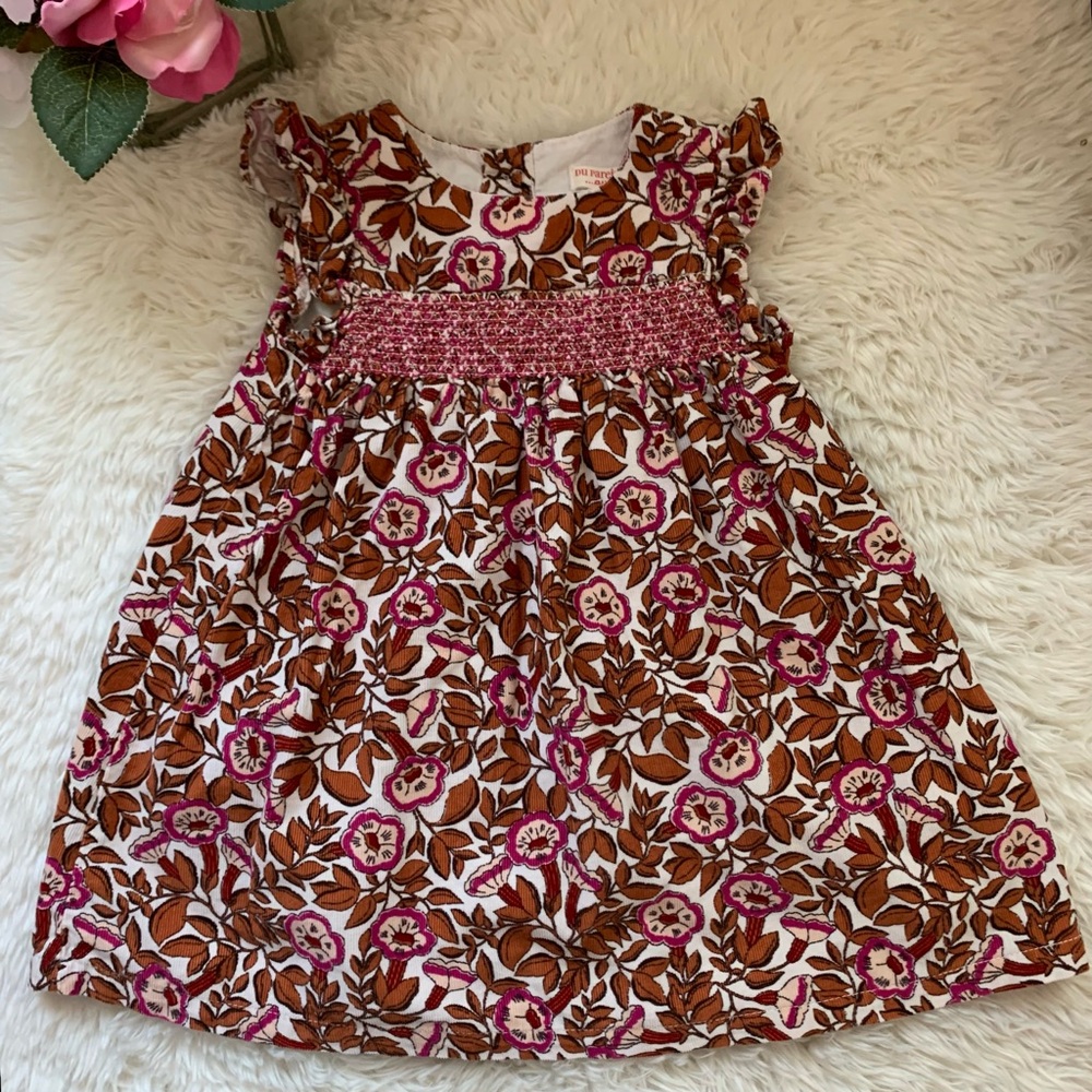 French Cottagecore Smocked Ruffled Du Pareil Woodlands Pink Floral Dress 18M